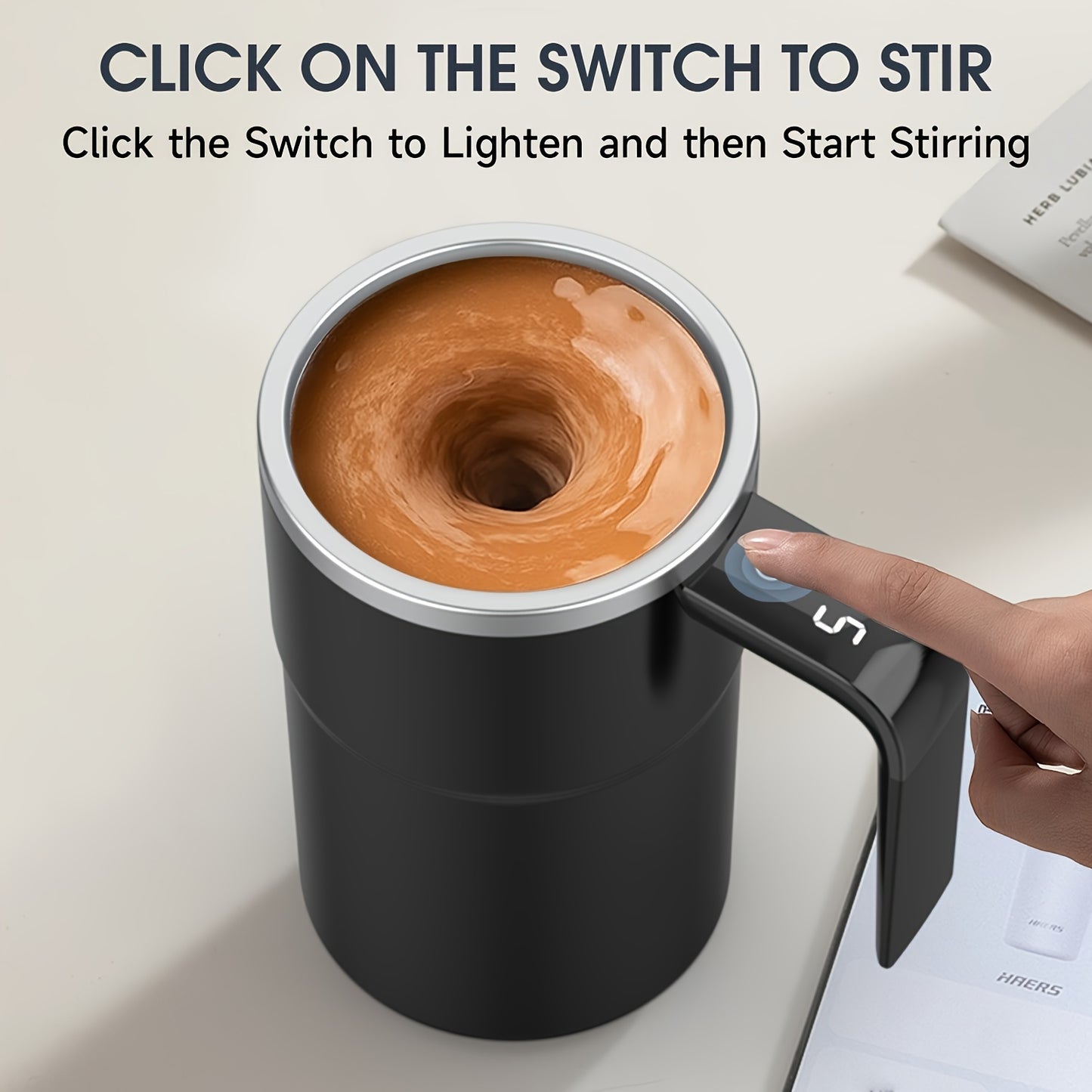 ☕ Automatic self-stirring mug with LED temperature display.