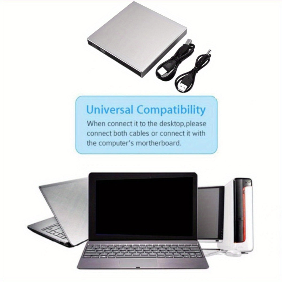 📀External DVD/CD-ROM player, compatible with CD-RW and DVD-RW burners.