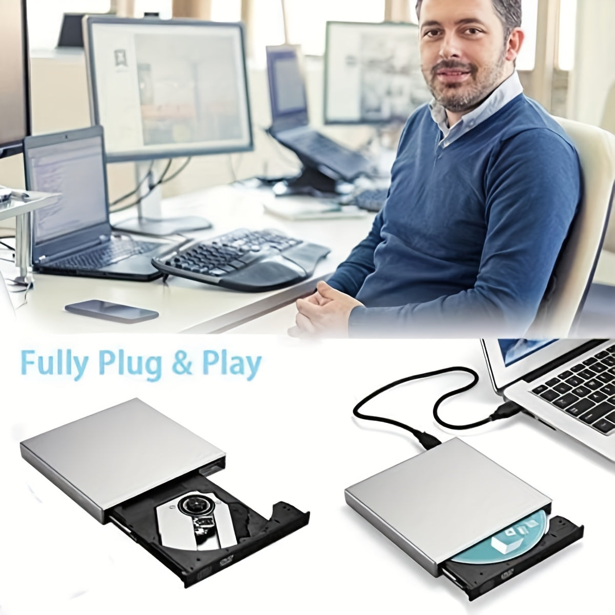 📀External DVD/CD-ROM player, compatible with CD-RW and DVD-RW burners.