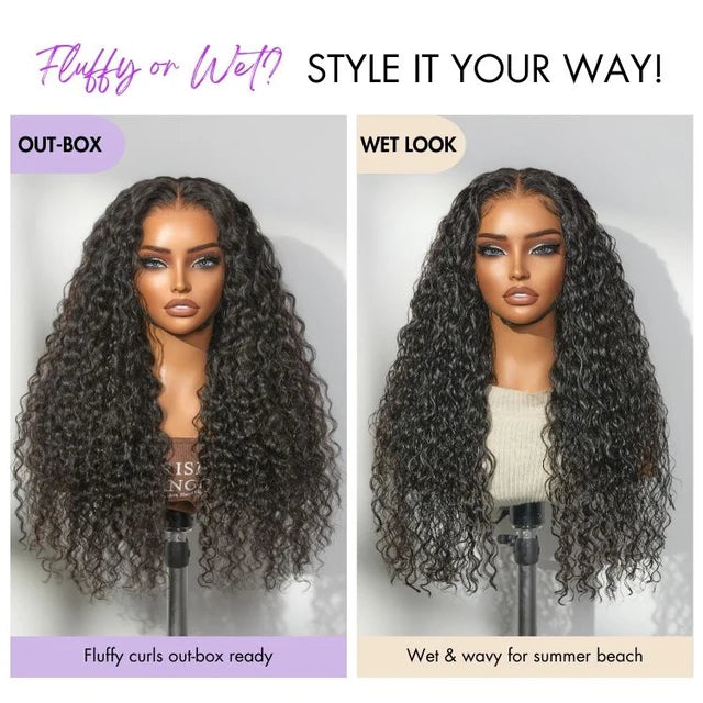🔥 free shipping🔥 250% Density Water Wave Glueless Flexi-Fit Drawstring 13x4 Frontal Lace Fluffy Curly Wig Pre-Cut Lace