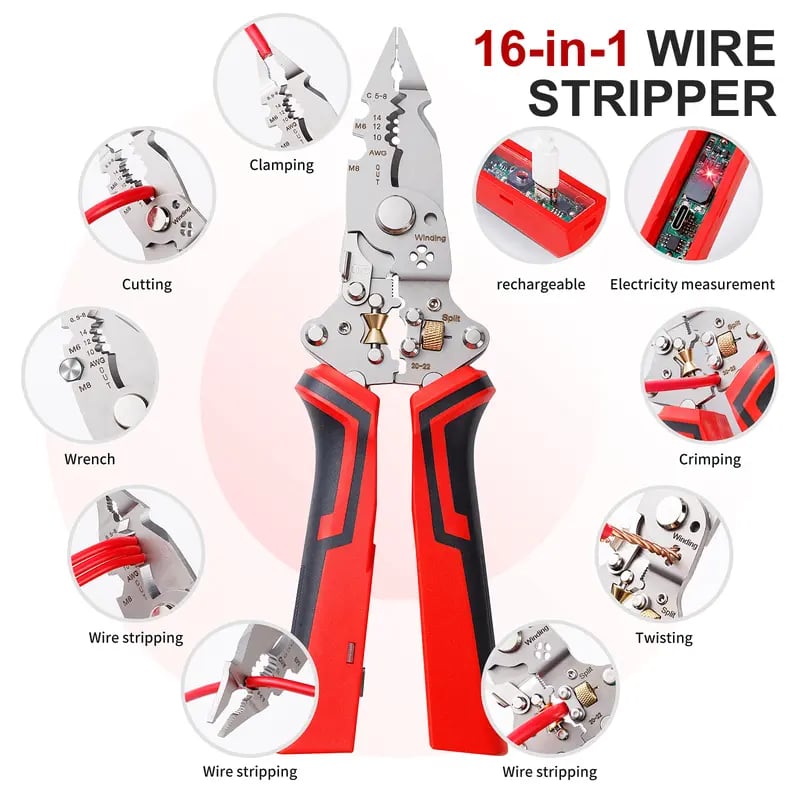 🔧⚡ 16-in-1 Multi-Function Wire Stripper & Voltage Tester Pliers – Cut, Strip, Twist & Detect Live Wires (12V–250V) 🔥