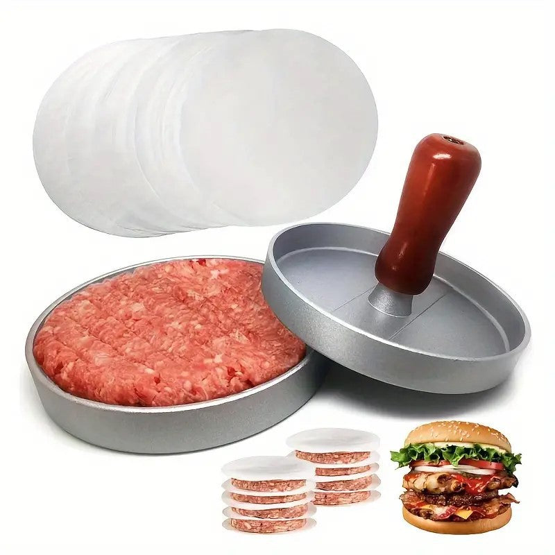 Hamburger patty press with 100 sheets of parchment paper.