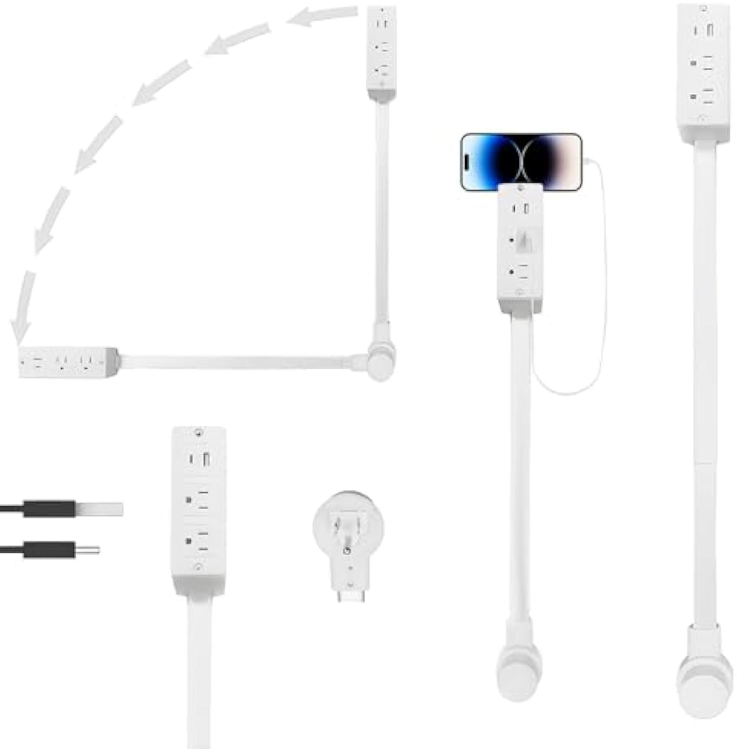 💥【Upgraded Version】Extendable 15.7-27.5 inches with extension pole, USB-A, USB-C and 2 AC power sockets with 180° rotation🔌